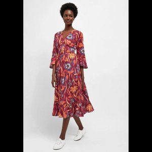 Next Day Floral Printed Midi Dress Raglan Bell Sleeve Cotton Ruffle M New